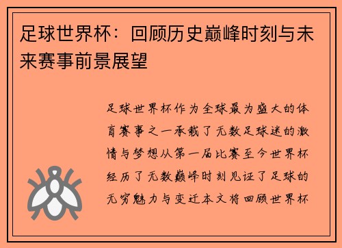 足球世界杯：回顾历史巅峰时刻与未来赛事前景展望