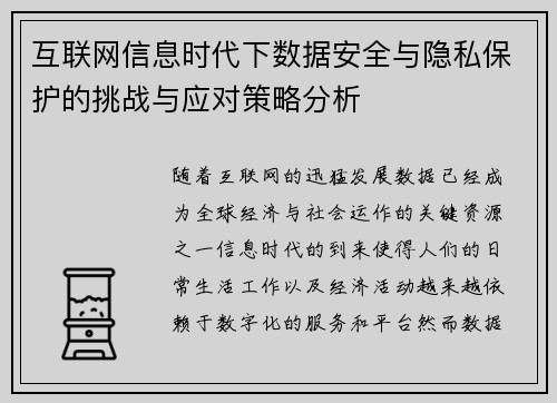 互联网信息时代下数据安全与隐私保护的挑战与应对策略分析